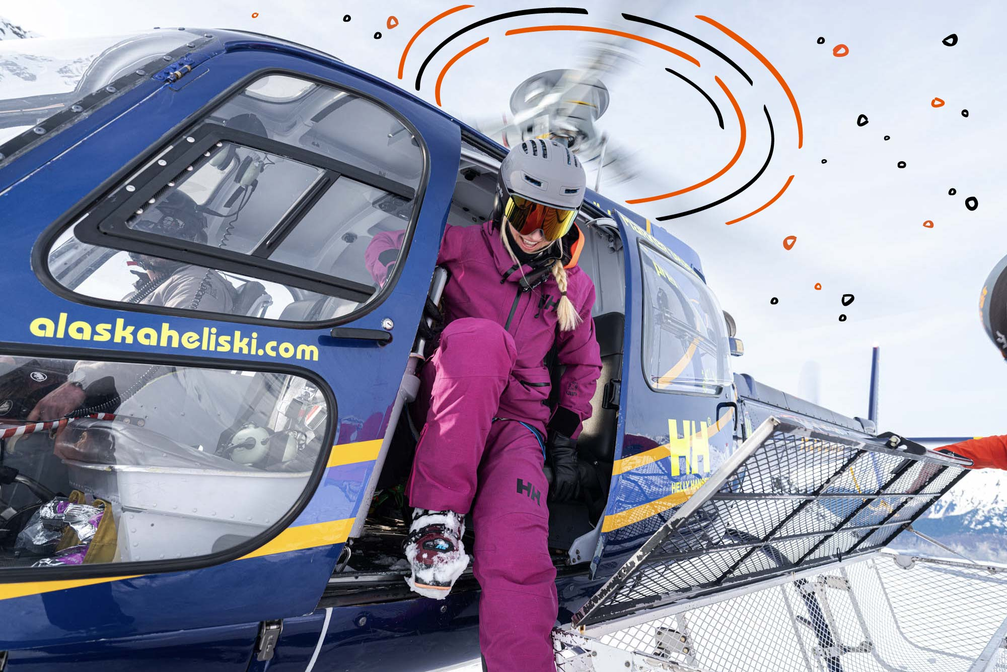 person in ski gear climbing out of a helicopter