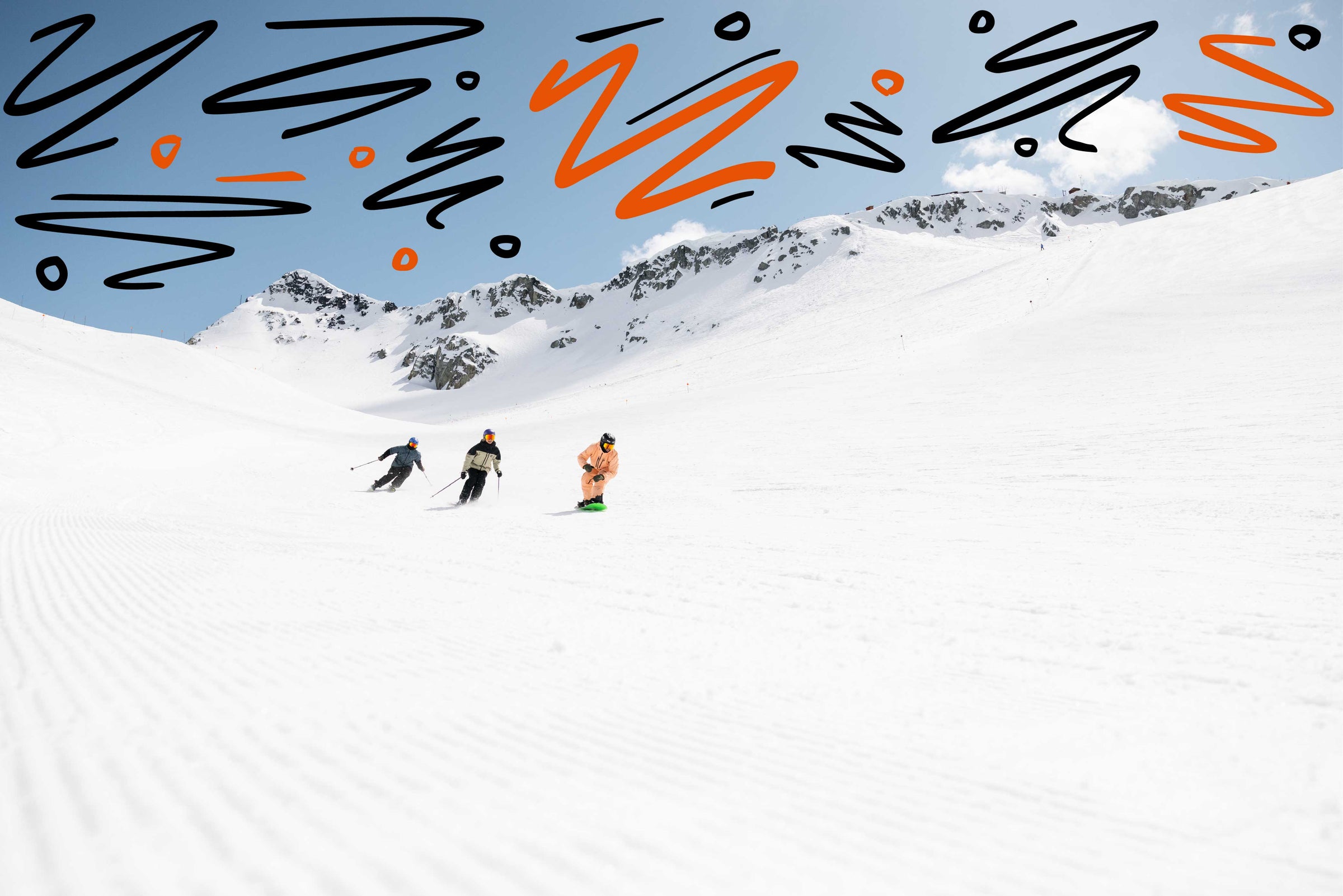 Three skiers on a snowy mountain with abstract black and orange lines.