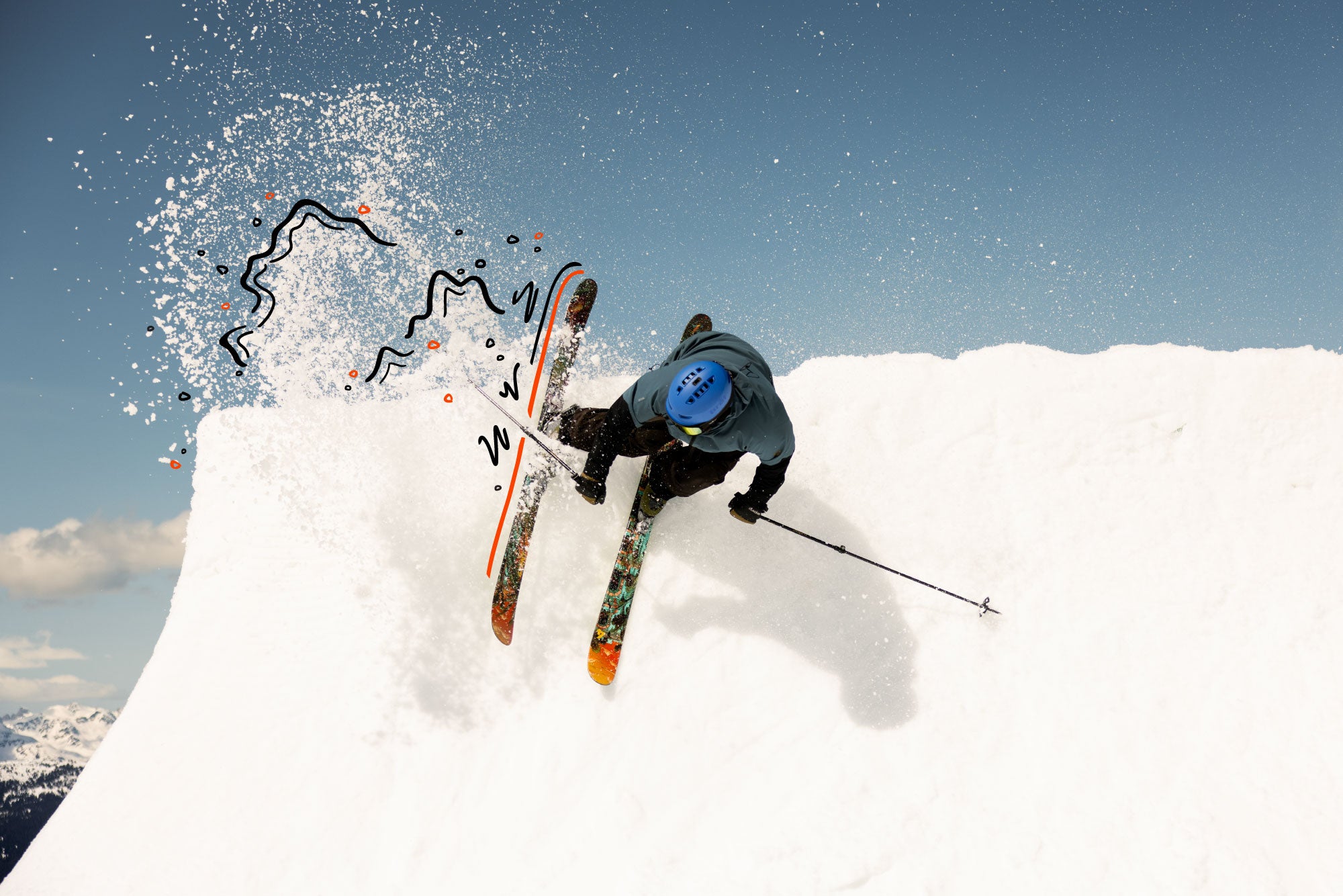 Person skiing across a snowy slope with skis and poles, against a clear blue sky.