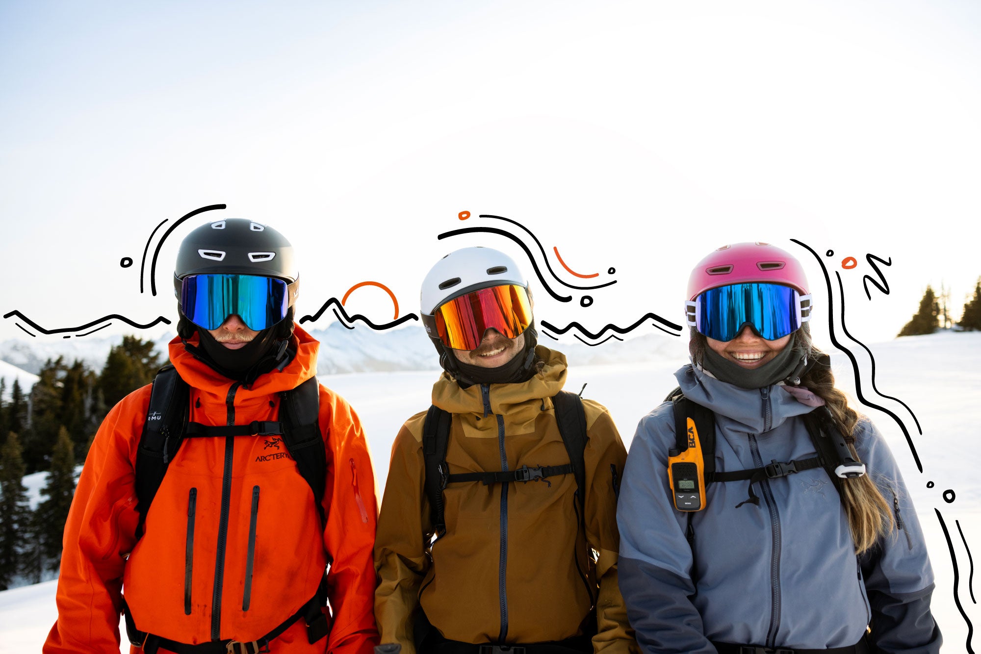 Three snowboarders wearing helmets and goggles in a snowy landscape.