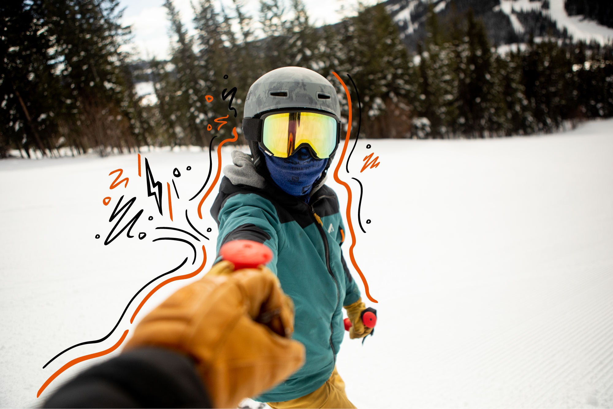 kid in winter gear with goggles and helmet in a snowy landscape