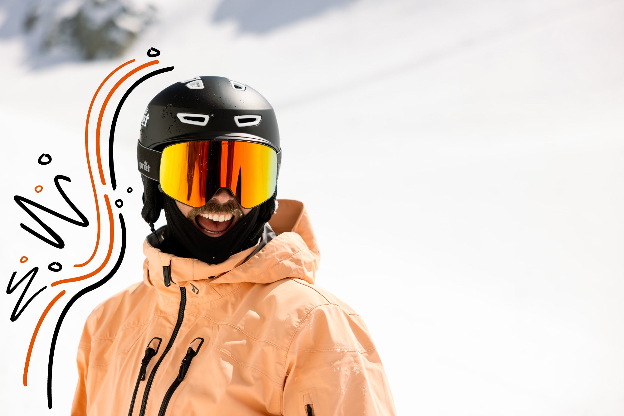 Person wearing a black helmet with orange goggles and a peach-colored jacket in a snowy background