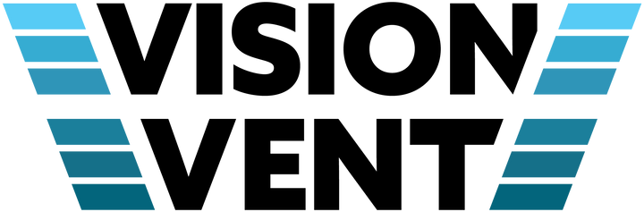 Logo of Vision Vent with black text and blue slanted stripes on a white background