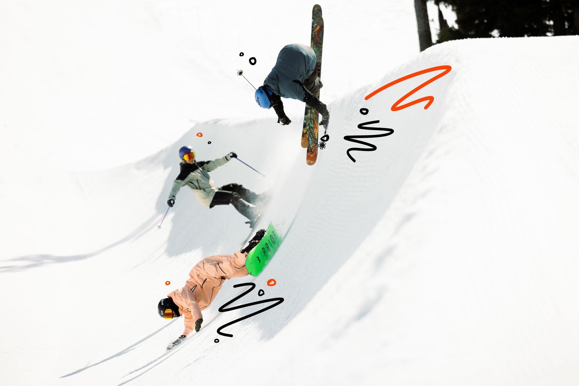 Two skiers and a snowboarder performing tricks on a snow-covered slope.