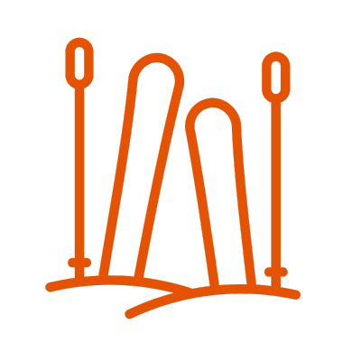 Orange line drawing of skis and poles in the snow with a white background