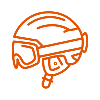 Orange outline of a helmet with goggles on a white background