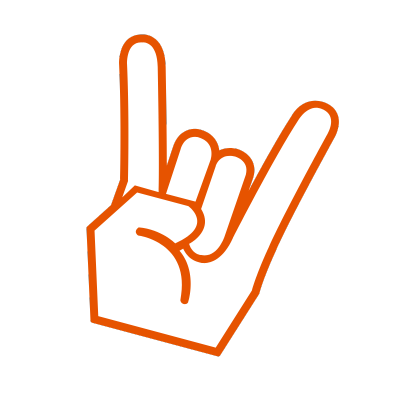 Orange line drawing of a hand making a rock on sign on a white background