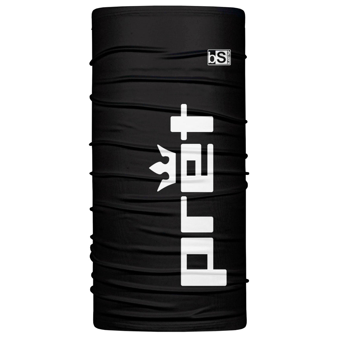 Black neck gaiter with white Pret logo on a white background