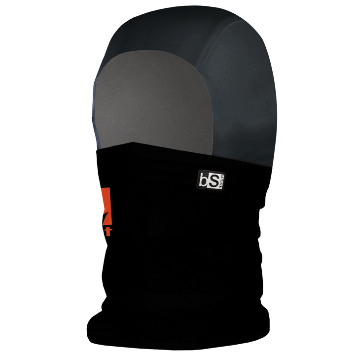 Black and gray balaclava with a logo on a white background