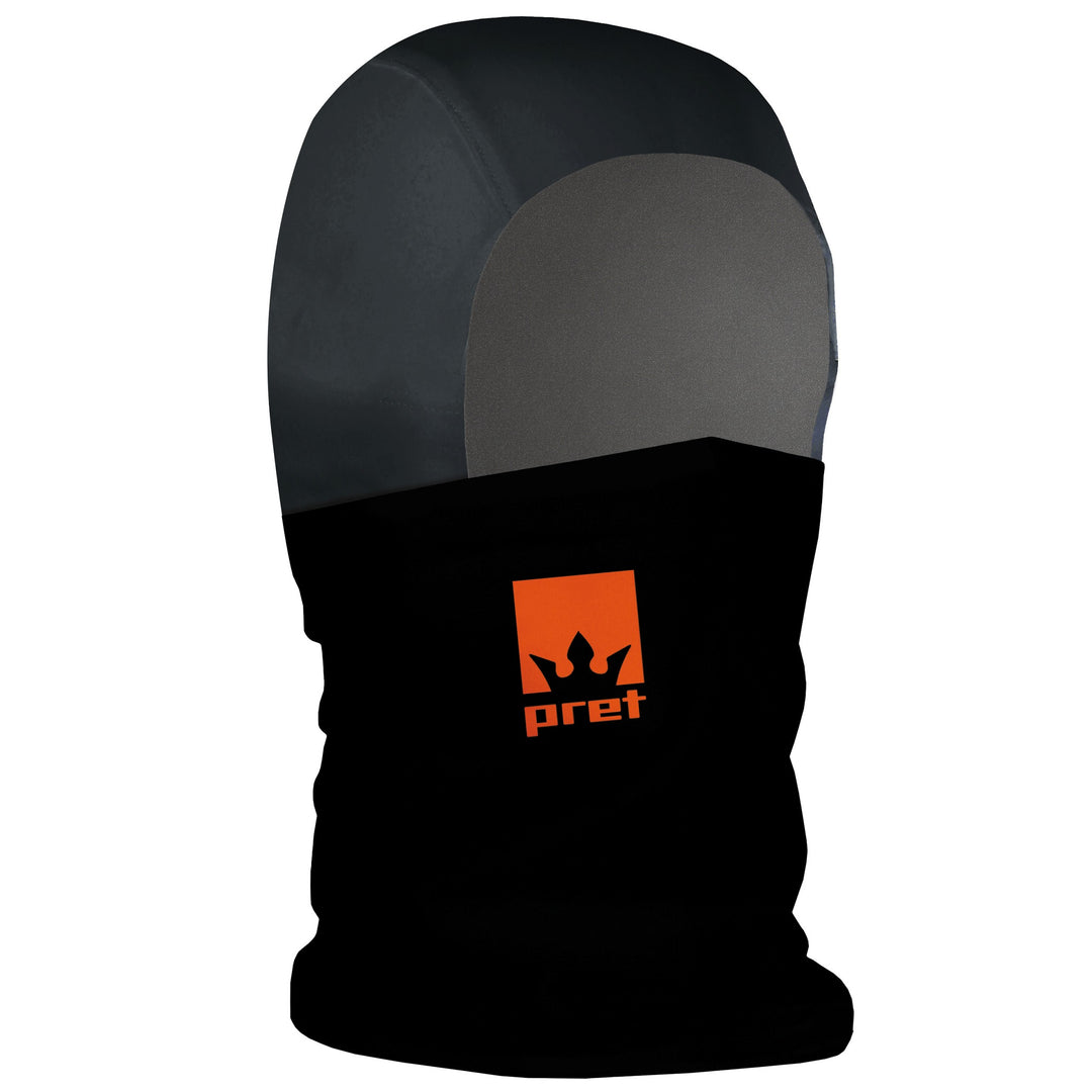 Black and gray balaclava with orange logo on a white background