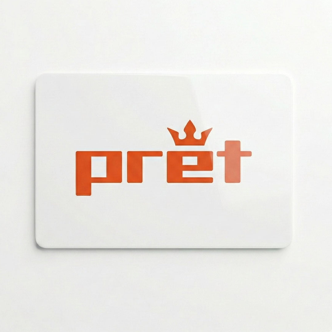 White gift card with orange 'pret' logo on a white background